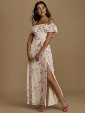 NWT Lulus Amazing Moment Light Pink Floral Print Off-the-Shoulder Dress (size S)
